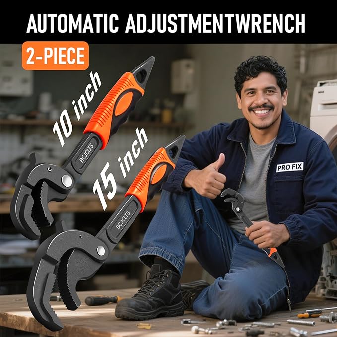 Pipe Wrench Set, 10” and 15” Self Adjusting Wrench 2-Piece Plumbing Tools for 0.55“-2.36”/14-60mm Standard Nuts, Irregular Nuts,Pipes Use