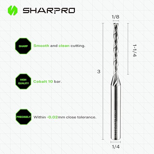 Extra Long Spiral Upcut Router Bit 1/4 Inch Shank 1/8 Inch Cutting Dia. 1-1/4'' CL. 3'' OVL. Carbide Upcut CNC Router Bit, Ideal for Wood Engraving and Plunging Applications