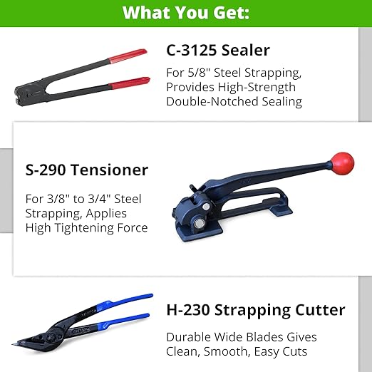 IDL Packaging - S-290, H-230, C-3125 Standard Strapping Tool Set for 5/8" Steel Strapping, 1400 lbs Break Strength – Tensioner, Sealer, Cutter for Metal Banding