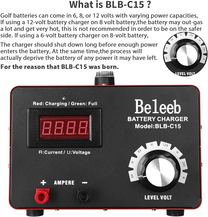 C15 Multiple Voltage Battery Charger 6V 8V 12V 24V Lead-Acid LiFePO4 Lithium Batteries, 15 A Automotive Car Battery Charger and Desulfator for Golf Cart Motorcycle Truck Lawn Mower