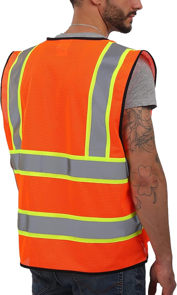 Dib Safety Reflective Mesh Vest High Visibility Two Tone with Pockets and Zipper, ANSI Class 2 Compliant, Orange Mesh with Yellow Trim M
