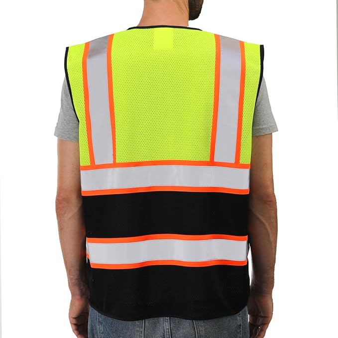 Dib Safety Reflective Mesh Vest High Visibility Two Tone with Pockets and Zipper, Yellow and Black Mesh with Orange Trim 3XL