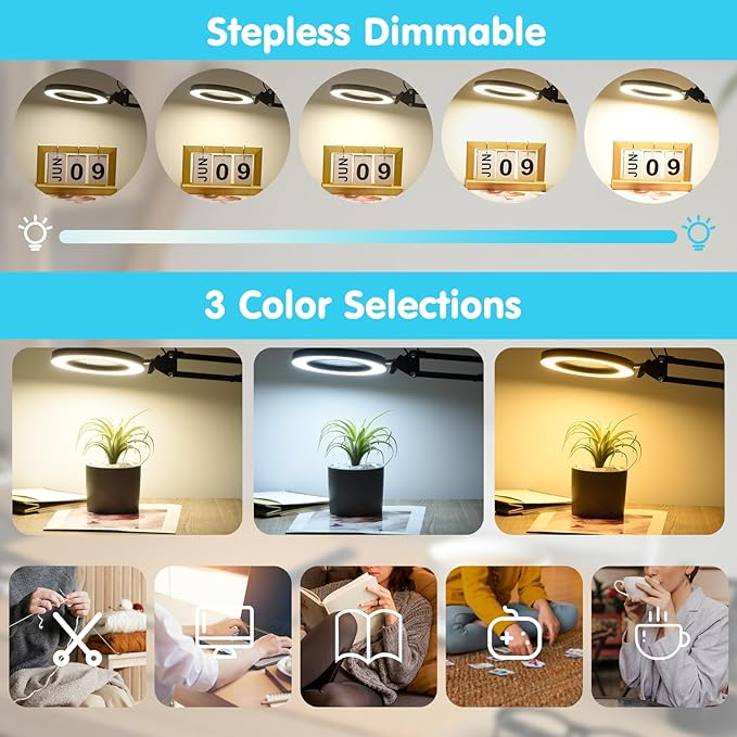 LED Magnifier Desk Lamp with Stand and Clamp, 3 Color Modes & Stepless Dimming 5-Diopter Glass Lens, Adjustable Swivel Arm - Magnifying lamp for Close Work, Repair, Crafts, Reading