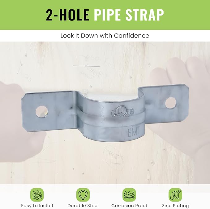 SELECT 25 Pack Lighting 2 Hole 1-1/2 Inch Rigid Pipe Straps for EMT, Heavy-duty Zinc-Plated Steel Clips with Reinforced Rib, Conduit Strap for Pipes, Cables, and Tubes, Snap-On Installation