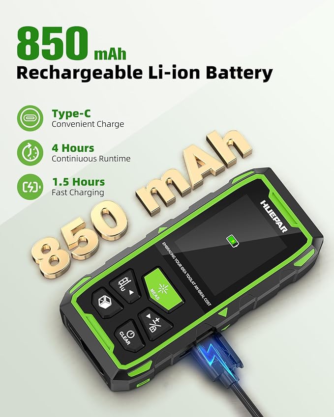 Huepar Dual Laser Measuring Tool, 393Ft Green-Beam Bilateral Digital Laser Distance Measure 6 Units Ft/in/M, Rechargeable Laser Measurement Tool -Backlit LCD Display, Length/Area/Volume/Angle Sensor