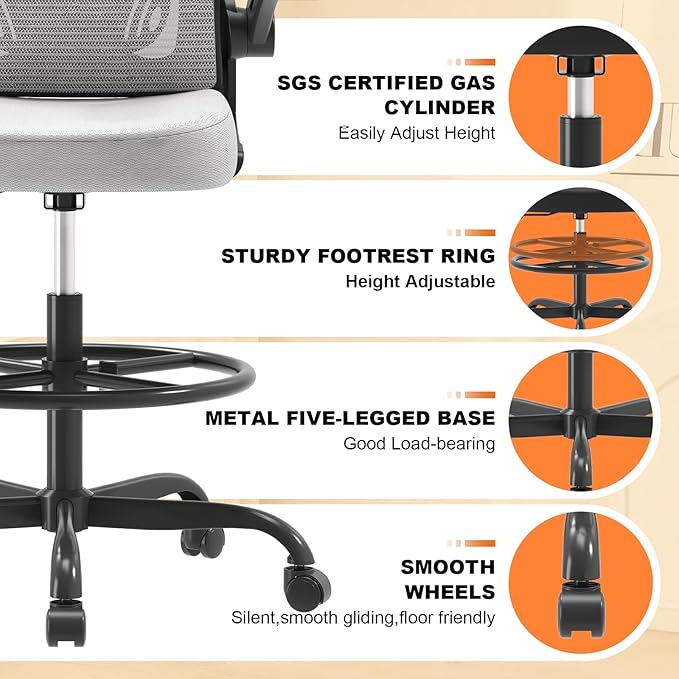 Synorla Ergonomic Drafting Chair, Tall Office Chair with Flip-up Armrests, Breathable Mesh High Desk Chair with Lumbar Support Adjustable Footrest Ring for Standing Desk, Home Office Studio