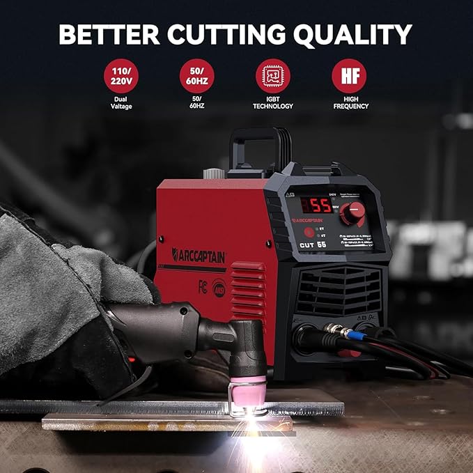ARCCAPTAIN 55A Plasma Cutter, Non-Touch Pilot Arc High-Frequency Plasma Cutting Machine, 120/240V Dual Voltage IGBT Inverter, 1/2" Clean Cut, 2T/4T, for Beginners DIY