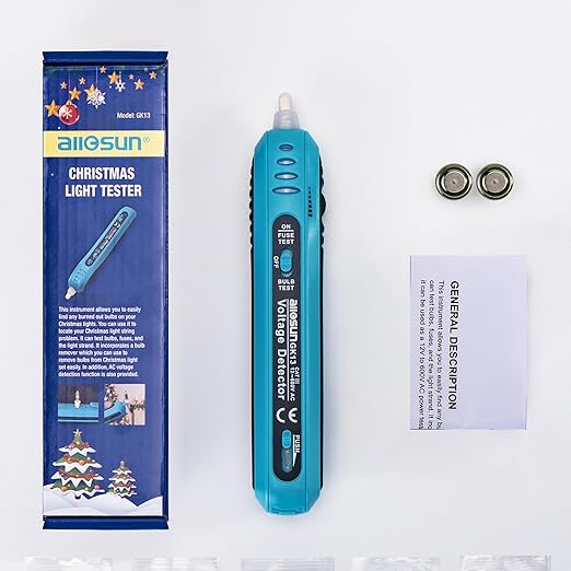 allsun Christmas Light Tester with Bulb Remover & Fuse Tester,Non-Contact Voltage Detector for Holiday Lights, Fuses, Bulbs, AC Power Tester (12V-600V),Light Repairing Tool Not LEDs