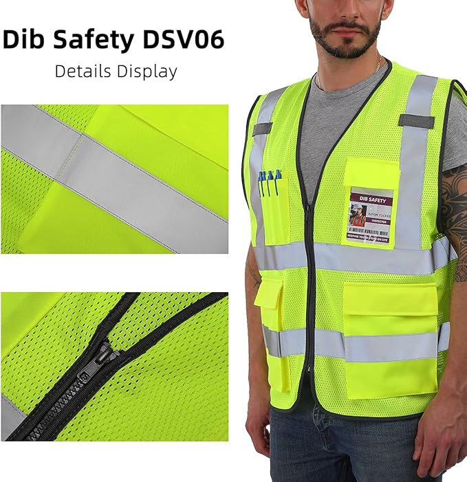 Dib Safety Reflective Vest Mesh, High Visibility Vest with Pockets and Zipper, Construction Work Vest ANSI Class 2, Yellow Mesh M