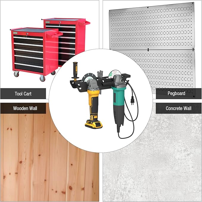 UNITEDPOWER Angle Grinder Holder - 2 Bay Angle Grinder Rack/Stand Storage Rack with Cord Hanger, Wall mount Bracket for Cutters Polishers, Garage and Workspace.