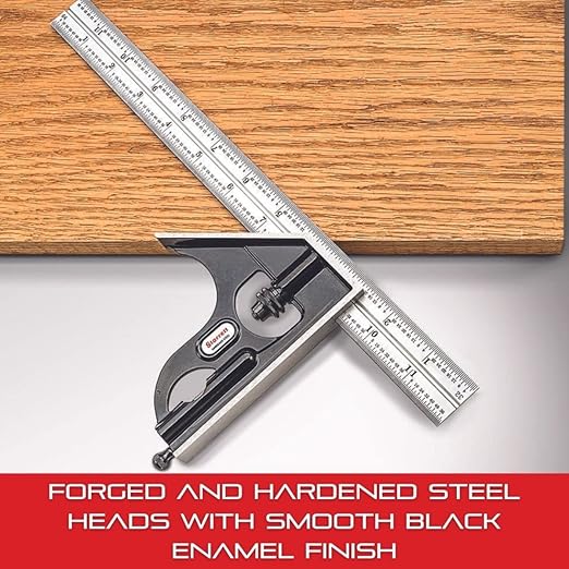 Starrett Steel Combination Square with Square Head and Center Head - 6" Blade Length, Forged and Hardened Steel Heads, Reversible Lock Bolt, Scriber, 4R Graduation Type - C33HC-6-4R