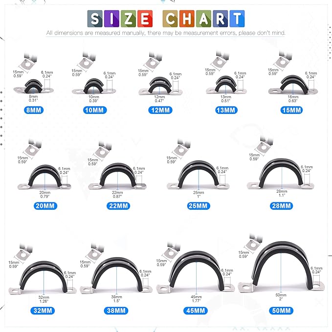 Glarks 16Pcs 15MM 2 Hole U-Tube Strap Clamp Set 304 Stainless Steel Rubber Cushion Rigid Pipe Strap U Bracket Tube Strap Assortment Kit For Pipe Tube Fixing (15mm)