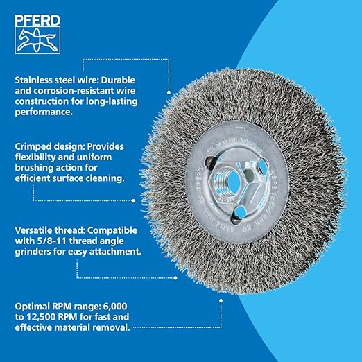 PFERD Crimped Wheel Brush, Stainless Steel Wire, 4-1/2" Diameter, 5/8-11 Thread, 0.014 Wire Size, 15/16" Trim Length, 1/2" Face Width, 12500 max RPM - Part 80354