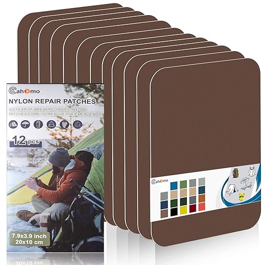 7.9x3.9 inch 12 PCS Nylon Repair Patch Nylon Repair Tape Self Adhesive Fabric Tapes Outdoor Camping Gear Fabric kit for Tent, Umbrella, Down Jackets, Sleeping Bag, Knapsack（Brown）