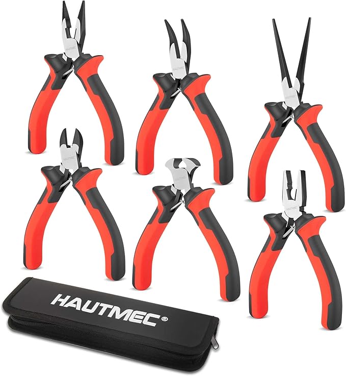 HAUTMEC 6PCS Mini Pliers Set High Leverage Multi Small Pliers Tool Set with Needle Nose, Linesman, Long Nose, Bent Nose, Diagonal Cutters, End Cutting Plier for Jewelry, Electronic and Crafts HT0275