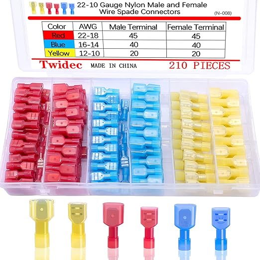 Twidec/210PCS Nylon Spade Connectors Kit 22-10 Gauge Male and Female Wire Spade Terminal Quick Disconnect Fully Insulated Wire Crimp Connector for Automotive Marine