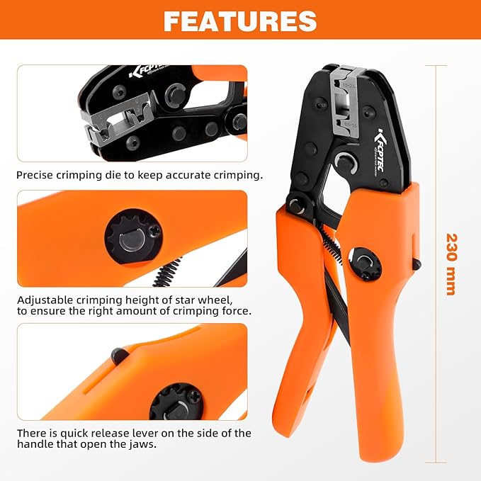 KF CPTEC Crimping Tool for 90° Flag Terminals, 22/14 AWG (0.5mm²/2.5mm²) - Ratchet Terminal Crimper - Electrical Crimping Tool