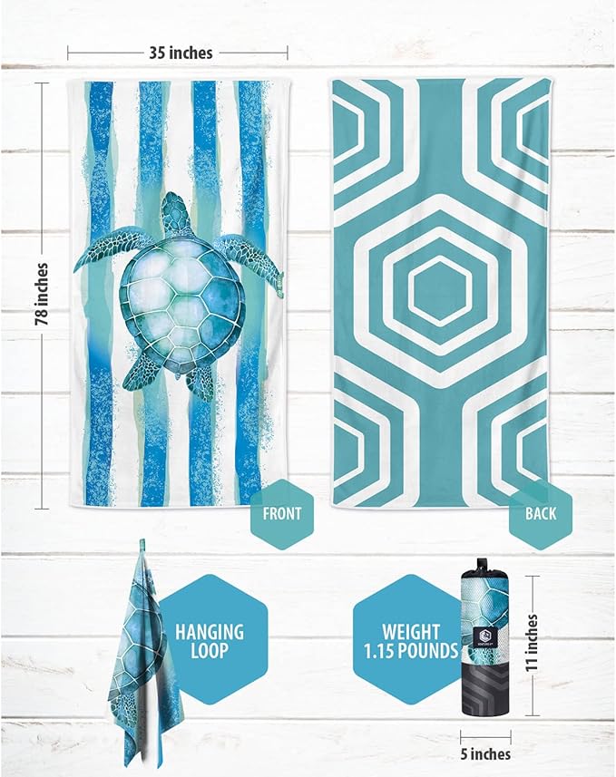 VENTURE 4TH Microfiber Beach Towel: Quick-Dry, Compact, Sand-Free, Absorbent, Sandproof and Lightweight - Perfect for Camping, Beach, and Roadtrips (Striped Turtle Design | 35x78 inches)