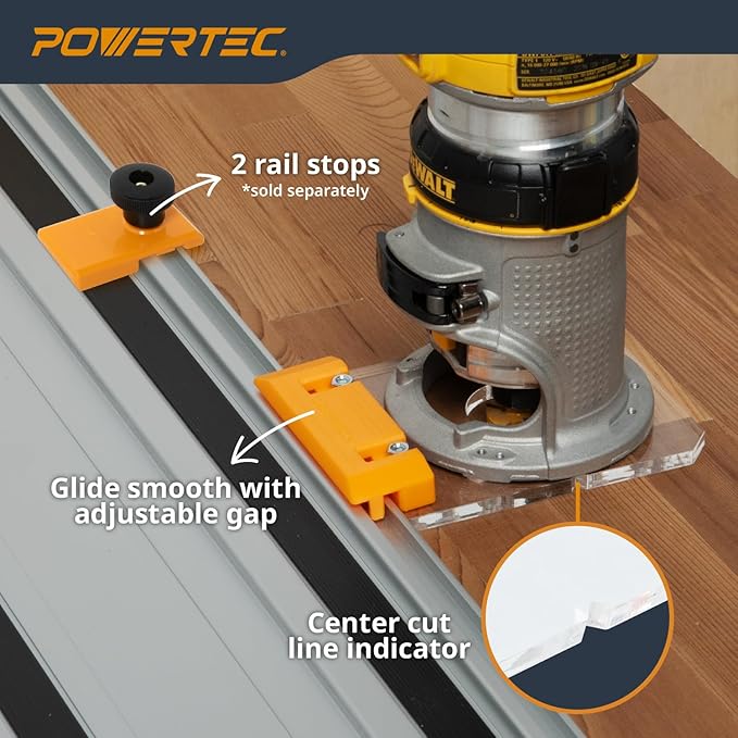 POWERTEC 72019 Router Guide Rail Adapter for DeWalt DWP611 and DCW600B Fixed Base Trim Routers - Compatible with Powertec, Makita, Festool, Milwaukee, Kreg ACS, WEN, Triton, Ridgid Guide Rails