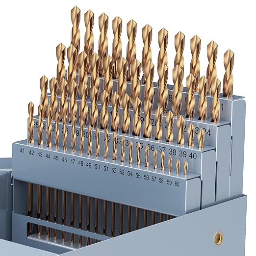 Cobalt Number Size Drill Bit Set, 60Pcs M35 High Speed Steel Jobber Length Drill Bit Kit for Hardened Metal, Stainless Steel, Cast Iron, Wood and Plastic, with Index Storage Case, #1-60