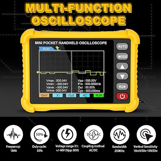 Mini Handheld Oscilloscope Kit, 2.5MS/s Portable Pocket Oscilloscope Multimeter,250KHz Bandwidth, 2.8" TFT Display,USB Rechargeable, Advanced Auto Trigger System, Portable for Fieldwork