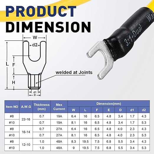 haisstronica Non Insulated Wire Connectors Kit，50pcs #8 Fork Terminals (AWG 12-10) with 50pcs 3:1 Heat Shrink Tubing for Automotive Marine，Brazed Seam Wire Crimp terminals