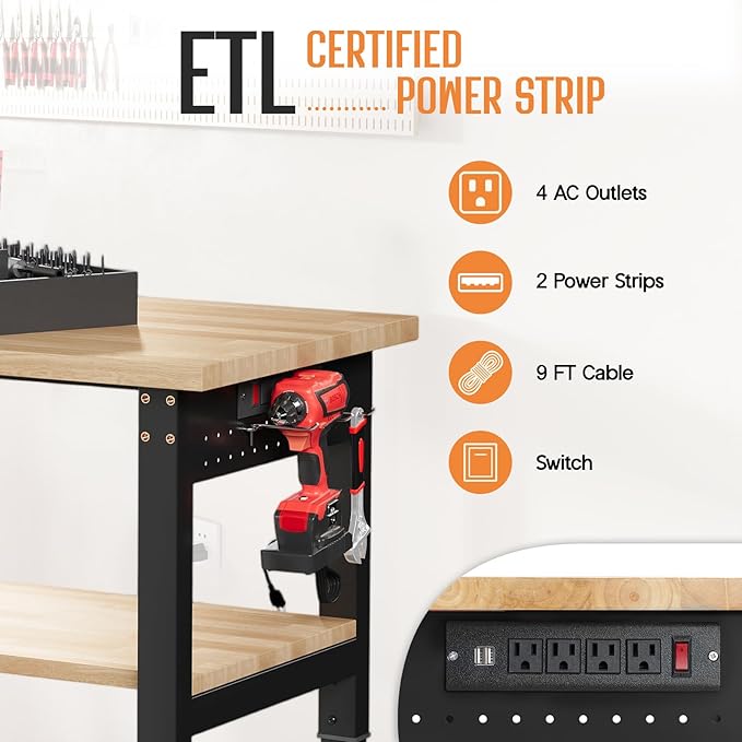 SPECRAFT Adjustable 2-Tier Workbench with 4 AC Outlet and 2 USB Ports Power Outlets, 2000 Lbs Capacity Heavy Duty Workbench, Rubber Wood Top for Garage, Workshop, Office（84x20in）