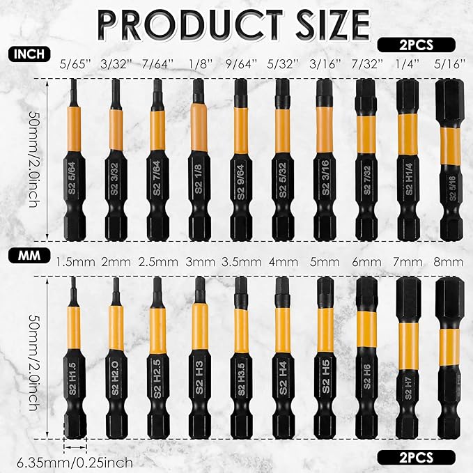 40Pcs Impact Hex Head Allen Wrench Drill Bit Set S2 Alloy Magnetic 1/4inch Quick Release Shank Screw Driver Drill Bit for Home Repair