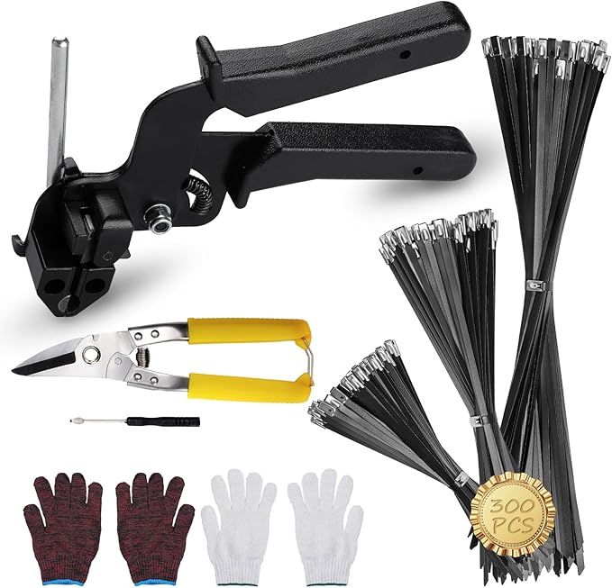 Stainless Zip Ties Heavy Duty Outdoor Metal Zip Ties Gun Set Fastening Cable Gun Tool with 300 PCS Ties for Chain Link Fence, Exhaust Pipe, Farms, Poultry Fence