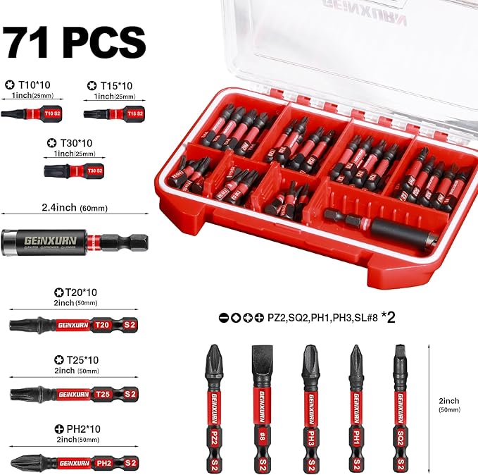 71pieces Impact Screwdriver Bits Set, Magnetic S2 Steel Multi Insert Power Bits Tips with Impact Bit Holder with Storage Box