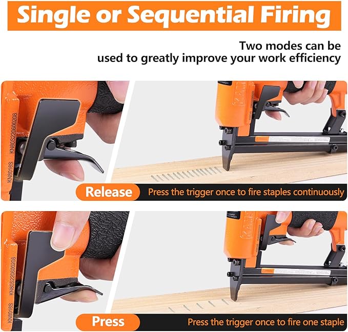 KN8016S 21 Gauge Pneumatic Upholstery Stapler for 80 Series Staples with 1/2" Crown Continuous Firing Mode Air Power Upholstery Staple Gun Fine Wire Stapler, DIY, Renovation, Furniture