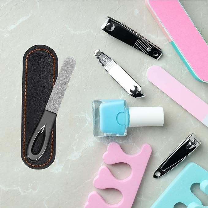 Metal Nail File, Stainless Steel Fingernail Files Double Sided Grit Nail Filer with Leather Cases and Non Slip Handle (2 Pack 3.6IN Gunmetal Files with PU Cases)