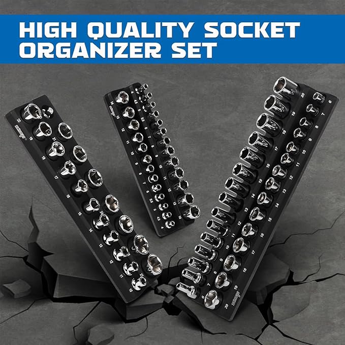 DISEN Magnetic Socket Organizer Set 6PCS Socket Holder Holds 150 Pieces 1/4", 3/8", 1/2" Drive Metric & SAE Socket Trays for Tool Box Drawer (Socket not Included)