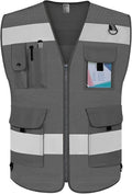 TCCFCCT Mesh High Visibility Vest 9 Pockets Hi Vis Reflective Safety Vest for Men Women, Construction Vest with Reflective Strips, Meets ANSI/ISEA Standards, (Grey, Small)