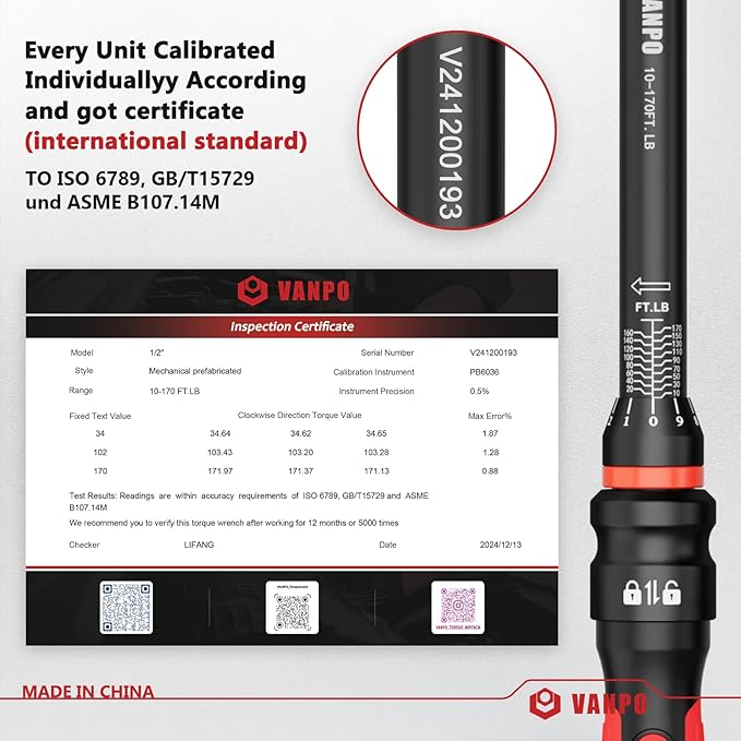 Torque Wrench 1/2-Inch Drive, 10-170.0ft.lb/13.60-230.5Nm,72 Tooth, TRP+ABS Plastic Handle, Click Torque Wrench with 1/2" to 3/8" Adapter & 125mm Extension Bar for Moto, Automotive Maintenance