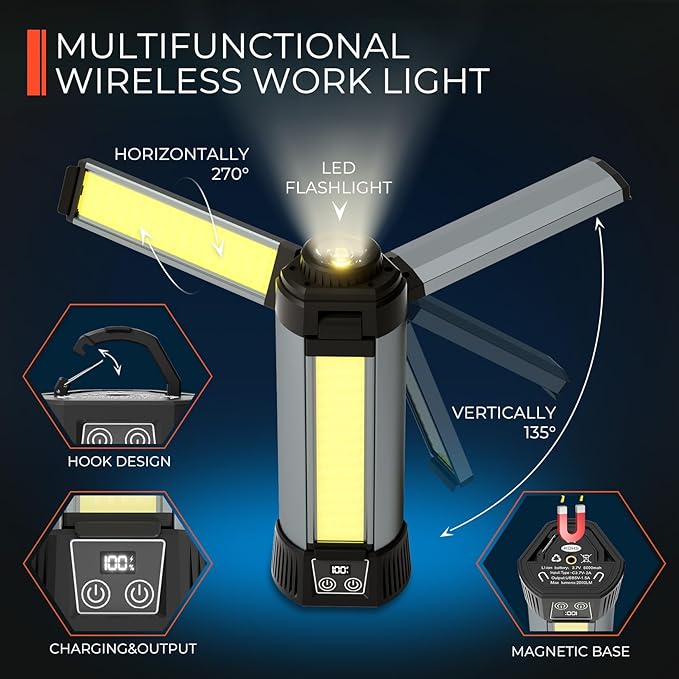 Rechargeable Camping Light with Stand 54" 3 LED Lamp Heads Detachable Tripod, 6000mAh 2000 Lumen Dimmable, Magnetic Emergency Flashlight, Outdoor Indoor Jobsite Workshop,Portable Cordless