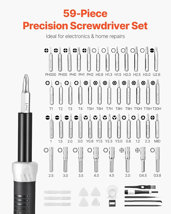 VEVOR Screwdriver Set, 59-Piece Small Precision Screwdriver Set with Phillips, Flat Head, Torx, Pentalobe Bits, Tweezer for Men, Mini Cleaning Repair Tool Kit for iPhone, MacBook, Laptop, Computer