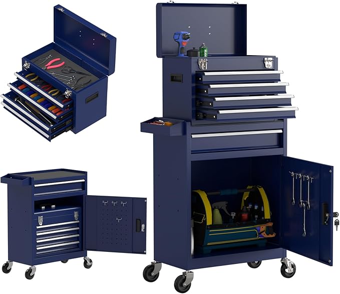 5 Drawer Tools Chest, Tool Cabinet with Universal Lockable Wheels，Tool Box with Detachable Top Box for Workshop (Darkblue)
