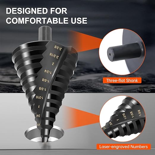 COMOWARE Step Drill Bit, 12 Sizes from 1/4" to 2-3/8", High Speed Steel Step Bit with 2 Spiral Flutes, 3-Flat Shank, Steps Bits for Metal, Aluminum/Wood/Plastic/Iron, Unibit for Electricians & DIY