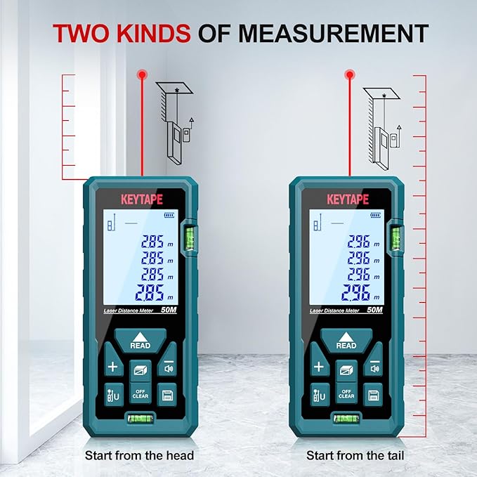 Distance Measuring Laser 165ft KEYTAPE Multifunction Measure Laser Ruler, Upgraded M/in/FT/FT+in Unit Switching Backlit LCD and Pythagorean Mode, DT50 Portable Handle Laser Distance Measurement Tool