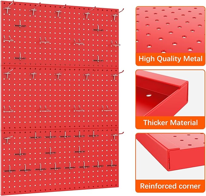 TORACK 3Pcs Metal Pegboard Panels(12x24 inch) for Wall Garage Tools Storage Pegboard System for Workbench, Modular Peg Board Tool Organizer Board Kit(Pack of 3, Red)