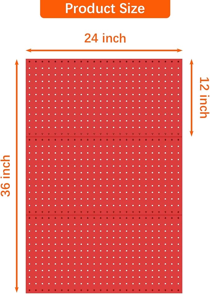 TORACK 3Pcs Metal Pegboard Panels(12x24 inch) for Wall Garage Tools Storage Pegboard System for Workbench, Modular Peg Board Tool Organizer Board Kit(Pack of 3, Red)