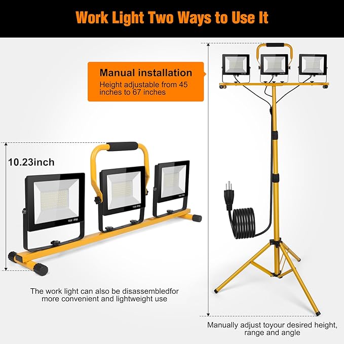 LED Work Lights with Stand, 21000 Lumen, 2-Head Adjustable Work Light, Waterproof Foldable Tripod, 6,500 Kelvin, Extended Cord for Outdoor & Indoor Job Sites, Workshops, Construction, Garage Lighting