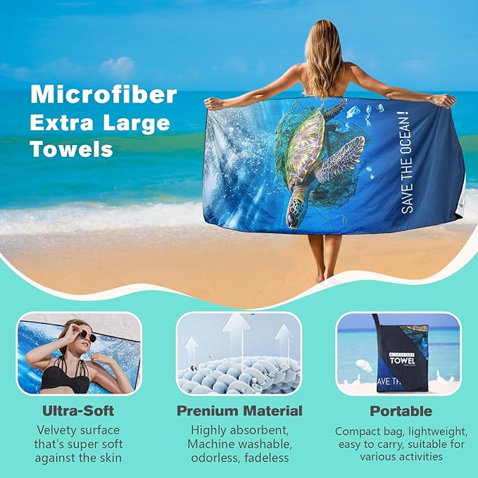 Protect Marine Life Beach Towel Oversized 36" x 72", Thin Lightweight Sand Free Quick Dry Microfiber Towel for Swimming Pool Cruise Camping Travel