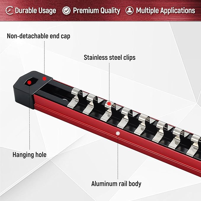 ALOANES 3-Piece Magnetic Socket Organizer, Heavy Duty Aluminum Socket Rails Organizer, Socket Rail Holder for Tool Box, 1/4-Inch Socket Holder x 45 Stainless Clips (Red)