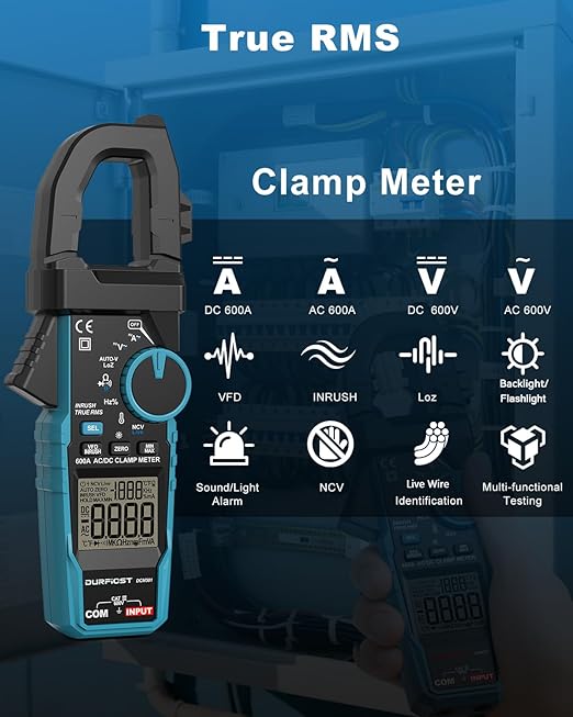 Clamp Meter DURFICST Digital Inrush Clamp Multimeter AC/DC 600A 6000 Counts Amp Voltage Tester with VFD, LOZ Mode，Measures AC/DC Current Voltage NCV Temperature Resistance Capacitance Frequency