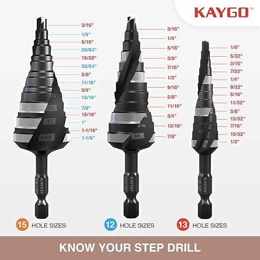 KAYGO M35 Step Drill Bit for Metal, 3/16 to 7/8 inch Step Drill Bits for Stainless Steel Aluminum Wood Plastic,1/4 -inch Hex Shank,Spriral Drouble-Fluted