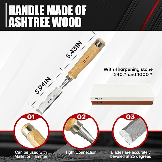 C&T 8 Pieces Premium Wood Chisel Set with Wooden Case,6 Pieces Wood Chisel with 2 Sharpening Stone,Woodworking Carving Chisel Kit,Chrome Vanadium Steel Chisel