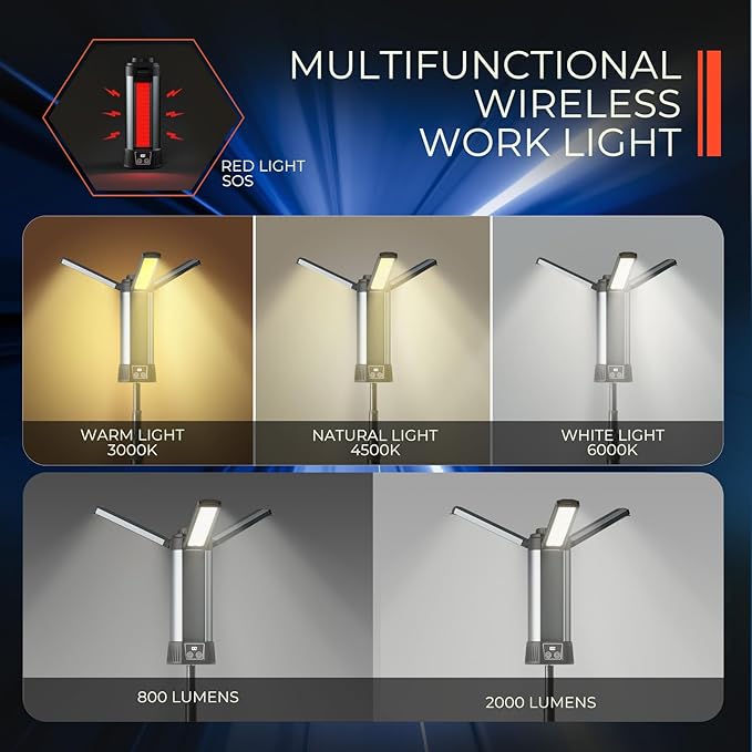 Rechargeable Camping Light with Stand 54" 3 LED Lamp Heads Detachable Tripod, 6000mAh 2000 Lumen Dimmable, Magnetic Emergency Flashlight, Outdoor Indoor Jobsite Workshop,Portable Cordless
