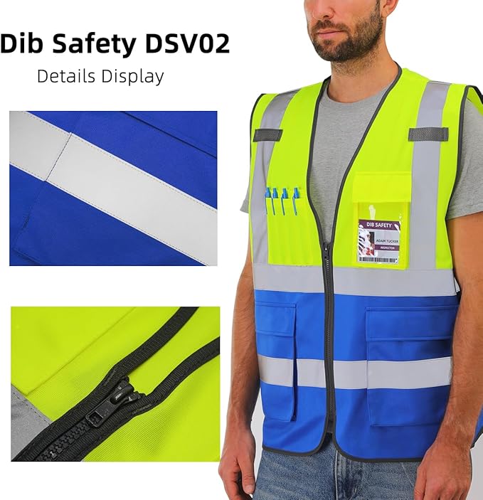 Dib Safety Reflective Vest High Visibility with Pockets and Zipper, Yellow and Blue XL